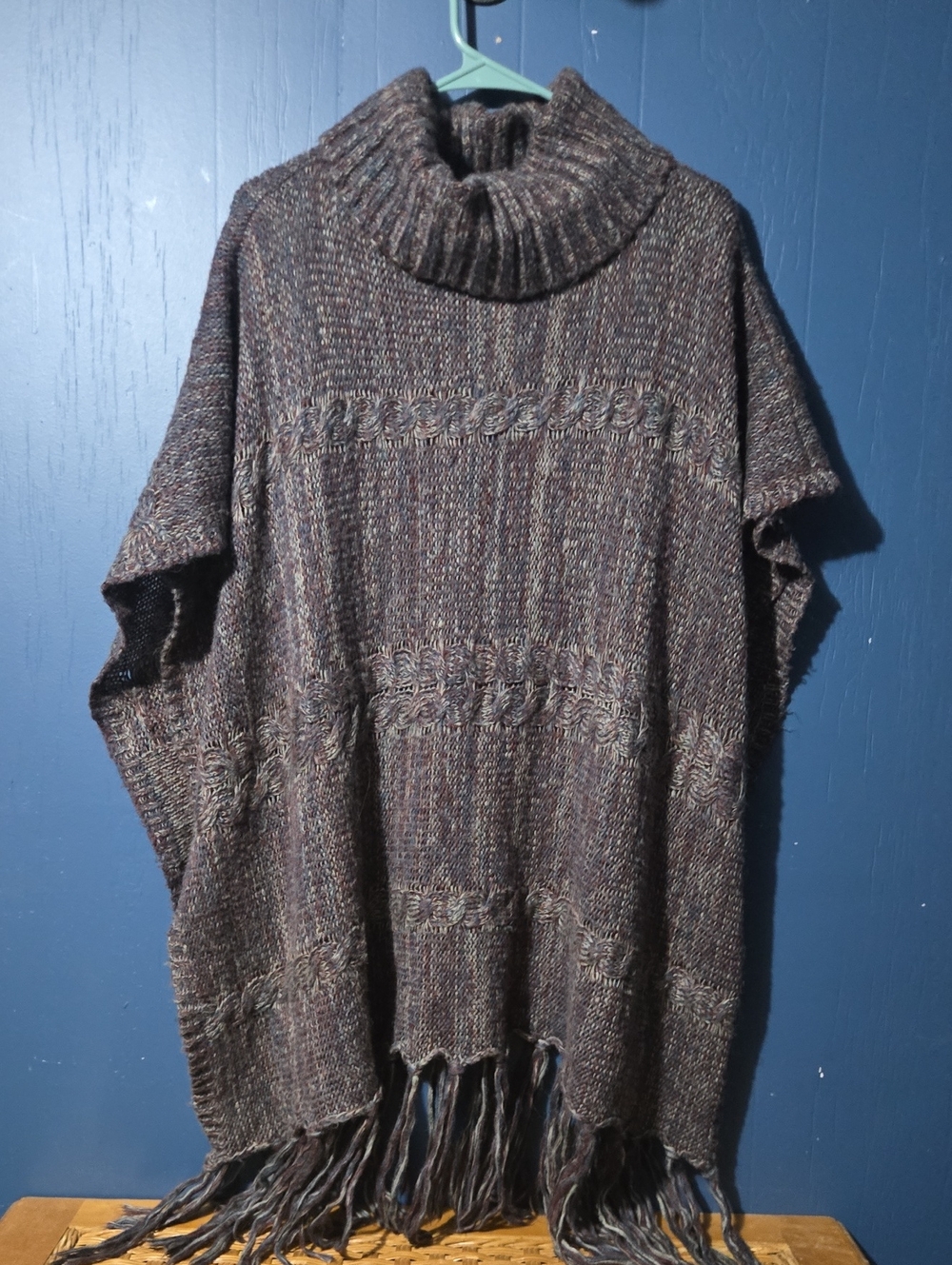 Fringed Brown Turtleneck Poncho Sweater
